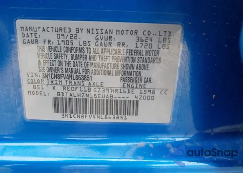 2022 Nissan Versa 1.6 Sr Xtronic Cvt z USA, uszkodzony, nr VIN 3N1CN8FV4NL863851